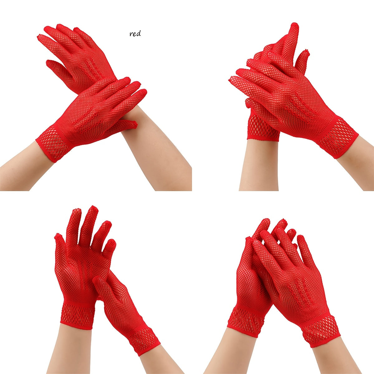 Red Nylon Fishnet Bridal Gloves with Lace Trim for Wedding