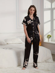 Floral Satin Pajama Set Short Sleeve Top & Pants