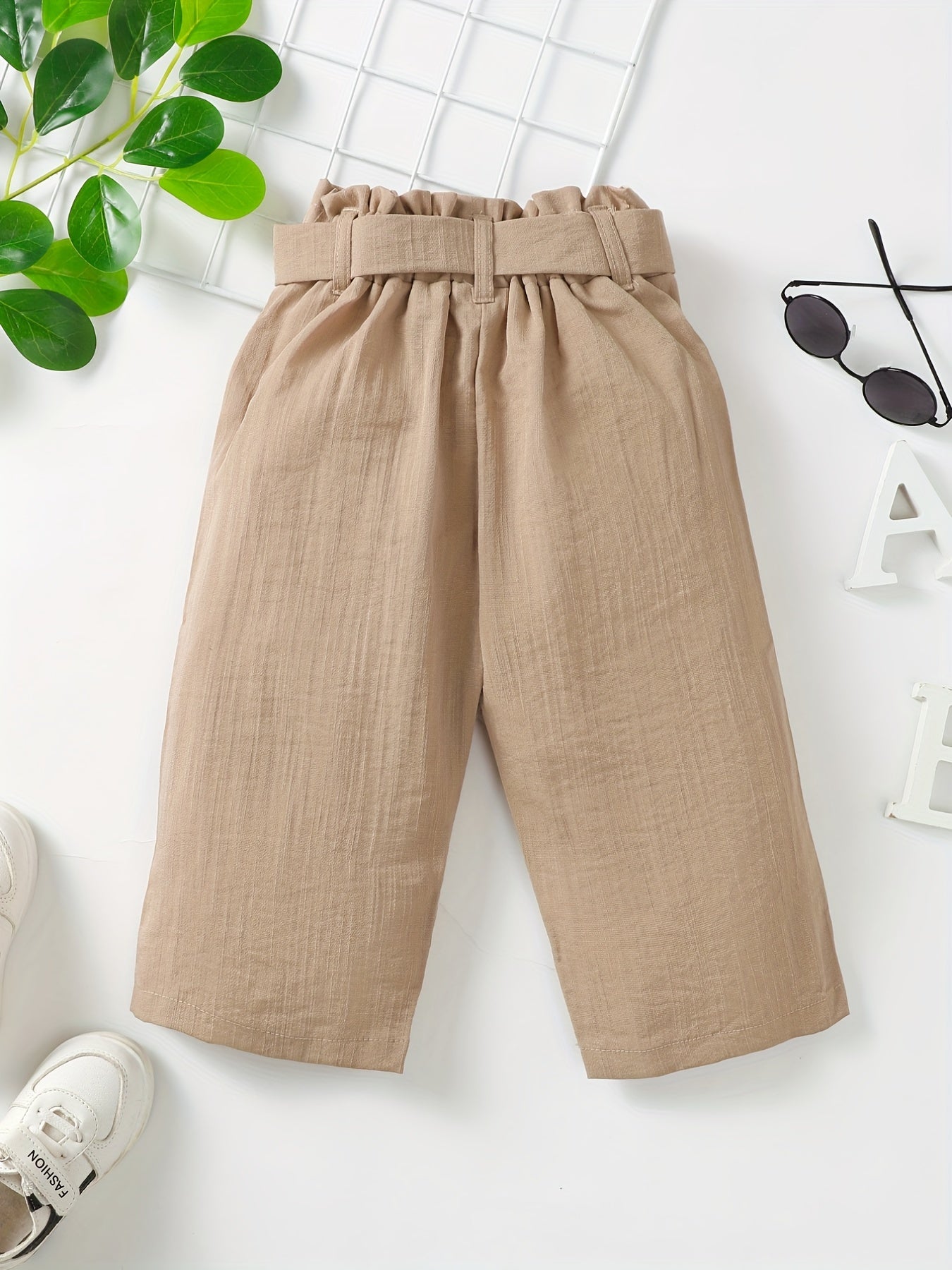 Kid Girls Khaki Cotton Linen Wide Leg Cropped Pants
