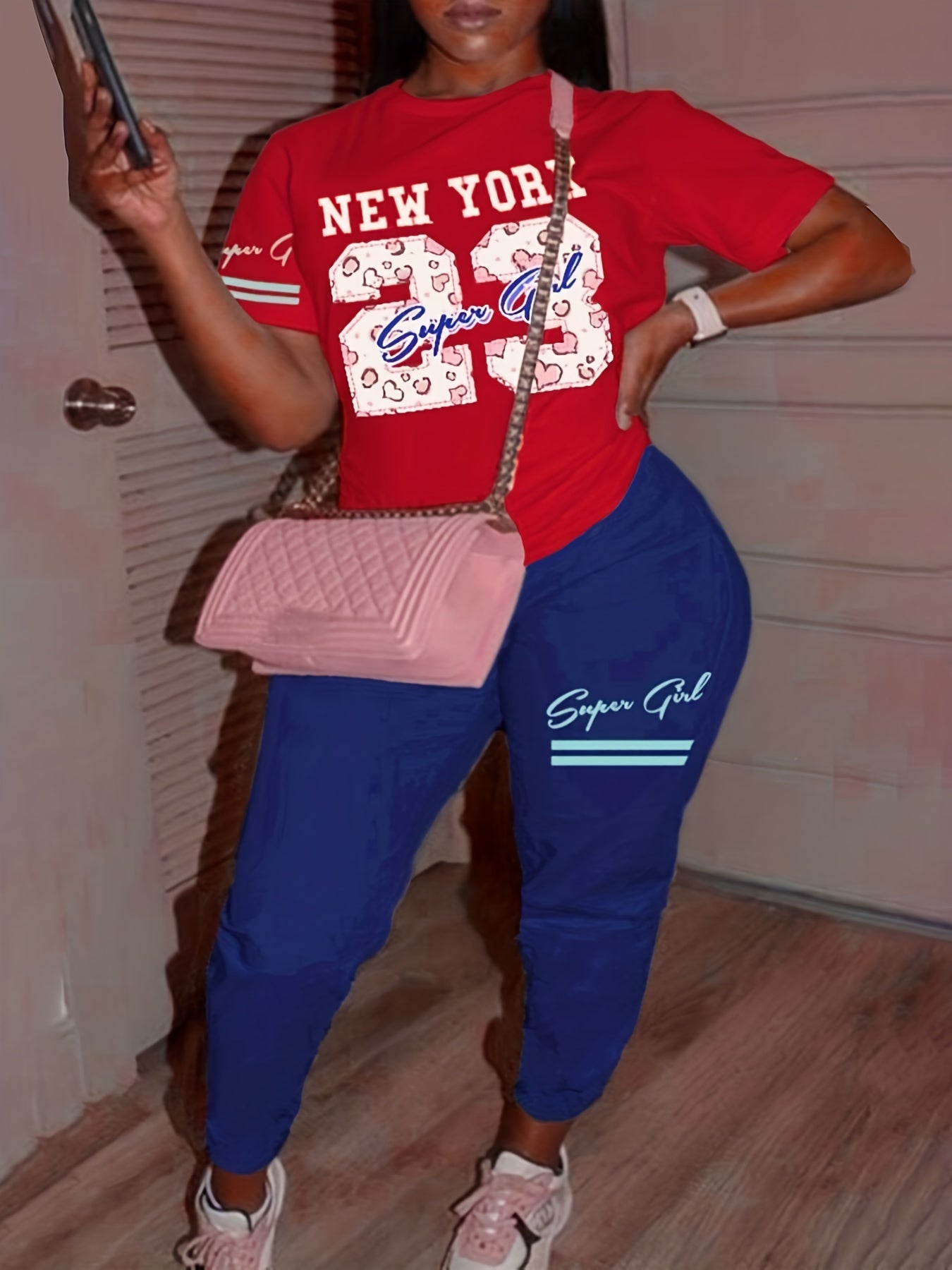 Letter Print Casual Two piece Set Crew Neck Short Sleeve Tops & Slim Pants