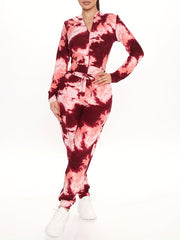 Tie Dye Two Piece Set Zip Up Hooded Sweatshirt & Drawstring Skinny Pants Outfit