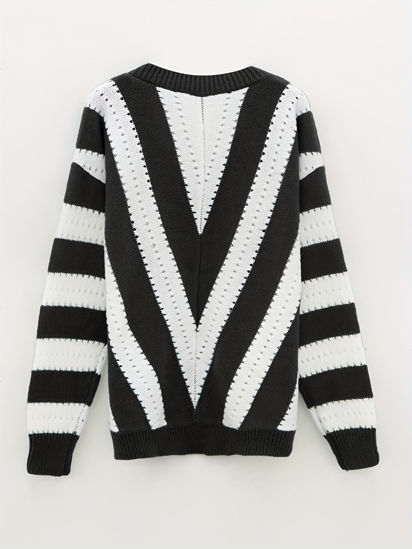 Chevron Print Eyelet Embroidery V Neck Sweater