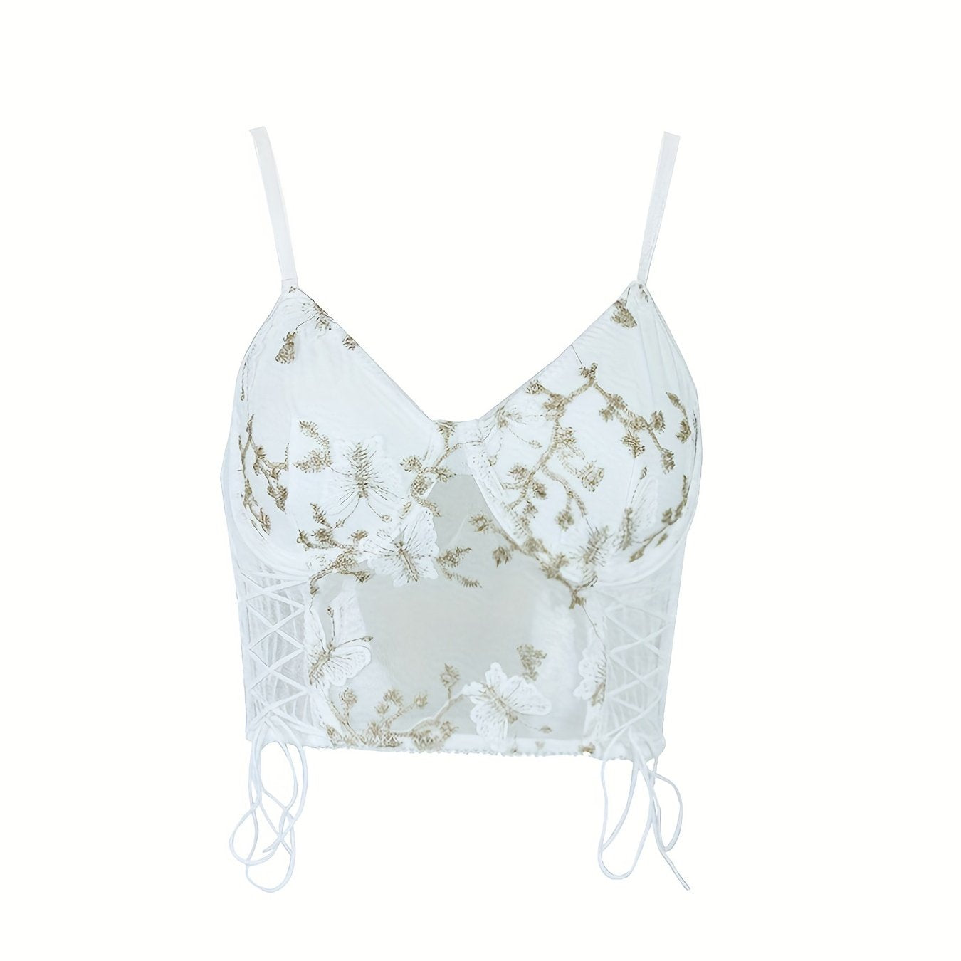 Embroidered Drawstring Cami Top V Neck Sleeveless Summer Top