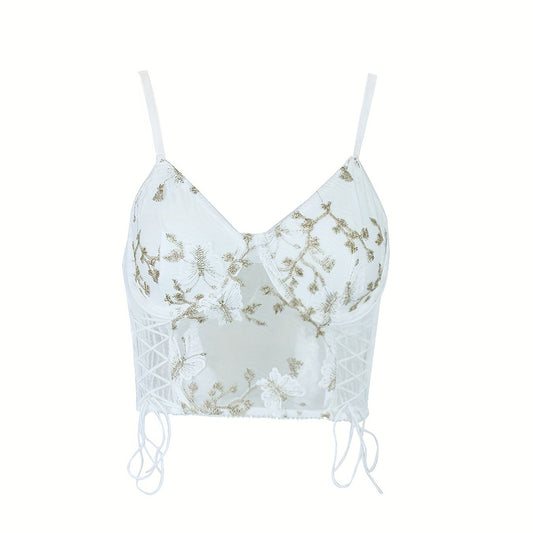Embroidered Drawstring Cami Top V Neck Sleeveless Summer Top
