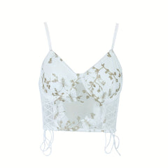 Embroidered Drawstring Cami Top V Neck Sleeveless Summer Top