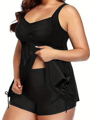 Modest Tankini Set Women's Plus Solid Cami Top & Shorts Swimsuit