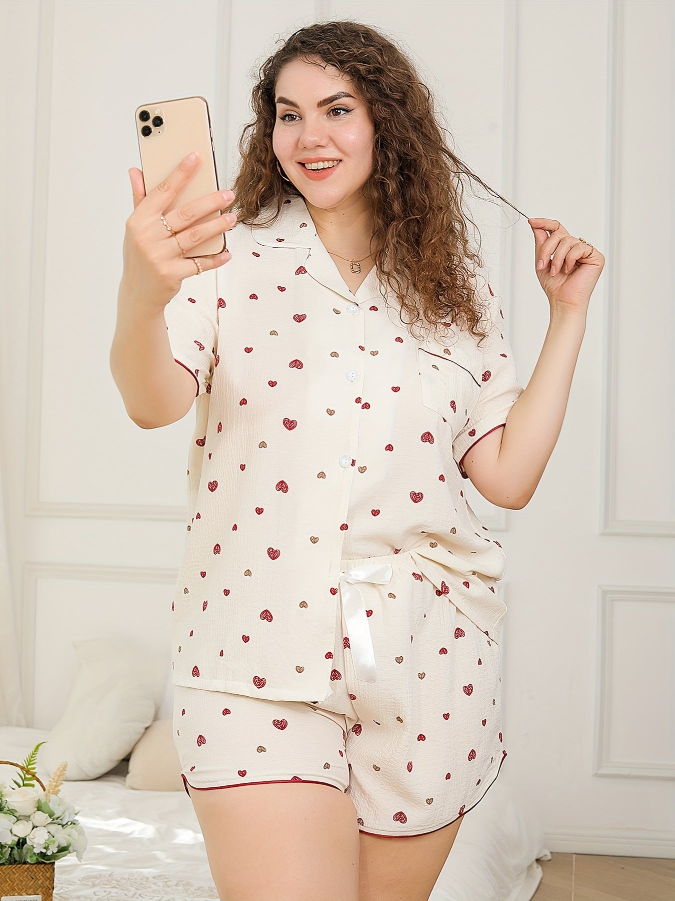 Heart Print Pajama Set Short Sleeve Button Up Shirt & Tie Shorts