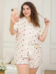 Heart Print Pajama Set Short Sleeve Button Up Shirt & Tie Shorts