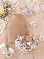 3pcs Baby Girls Casual Ribbed Knit Halter Top & Floral Bowknot Shorts Set