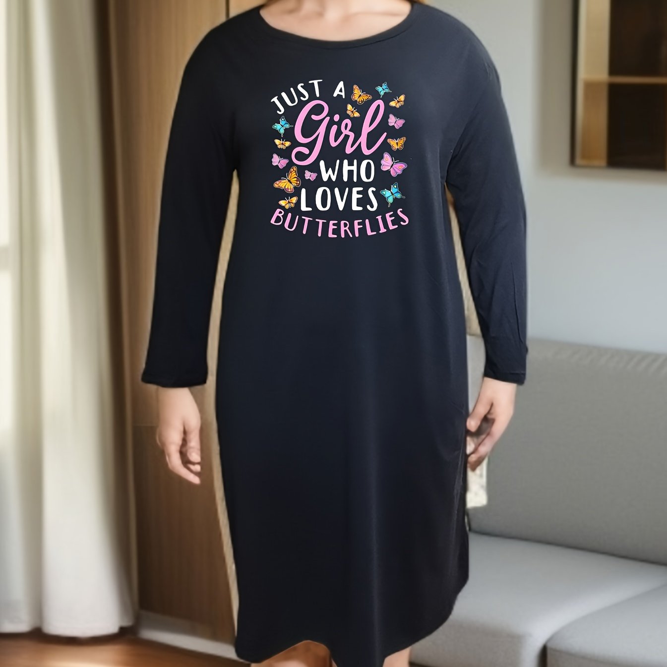 Butterfly Graphic Long Sleeve Lounge Dress
