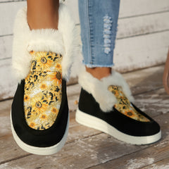 Sunflower Print Furry Snow Boots Plush Lined Warm Loafers