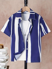 Boys Casual Block Print Button Down Short Sleeve Shorts Comfy