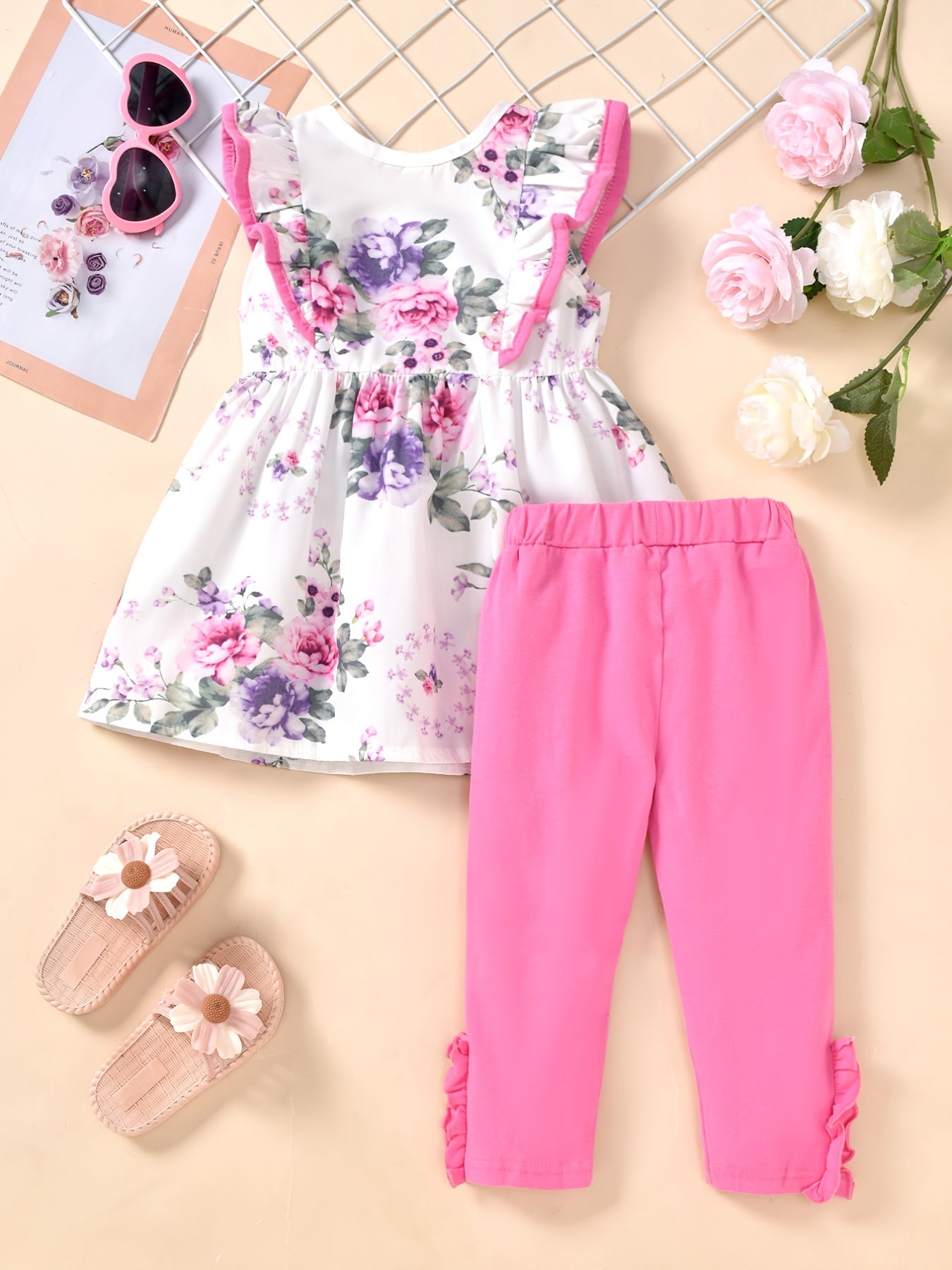 2pcs Girls Floral Print Dress And Pants Set Clothes
