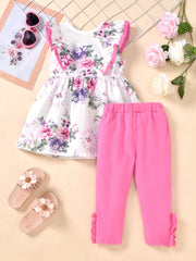 2pcs Girls Floral Print Dress And Pants Set Clothes