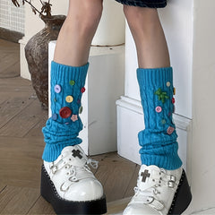 Colorful Button Decor Knitted Leg Warmers Knee High Socks Women's Stockings