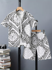 Paisley Pattern Boy's Hawaiian Shirt & Shorts Set for Beach Vacation