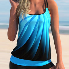 Ombre Tankini Set Crew Neck Split Strap Cami Dress & Shorts Two Piece