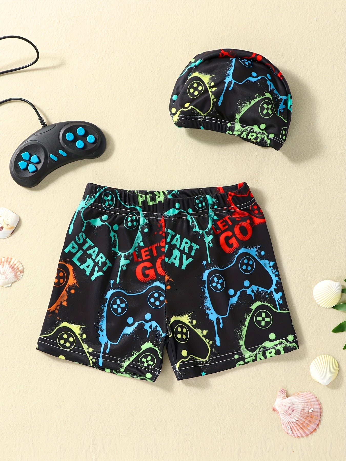Boys Gamepad Print Swim Trunks & Cap Set for Beach Vacation