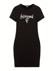 Blessed Letter Print T shirt Dress Crew Neck Short Sleeve Bag Hip Dress