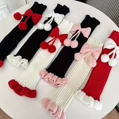 Ruffle Bow Rib Knit Leg Warmers Knee High Socks Women's Stockings