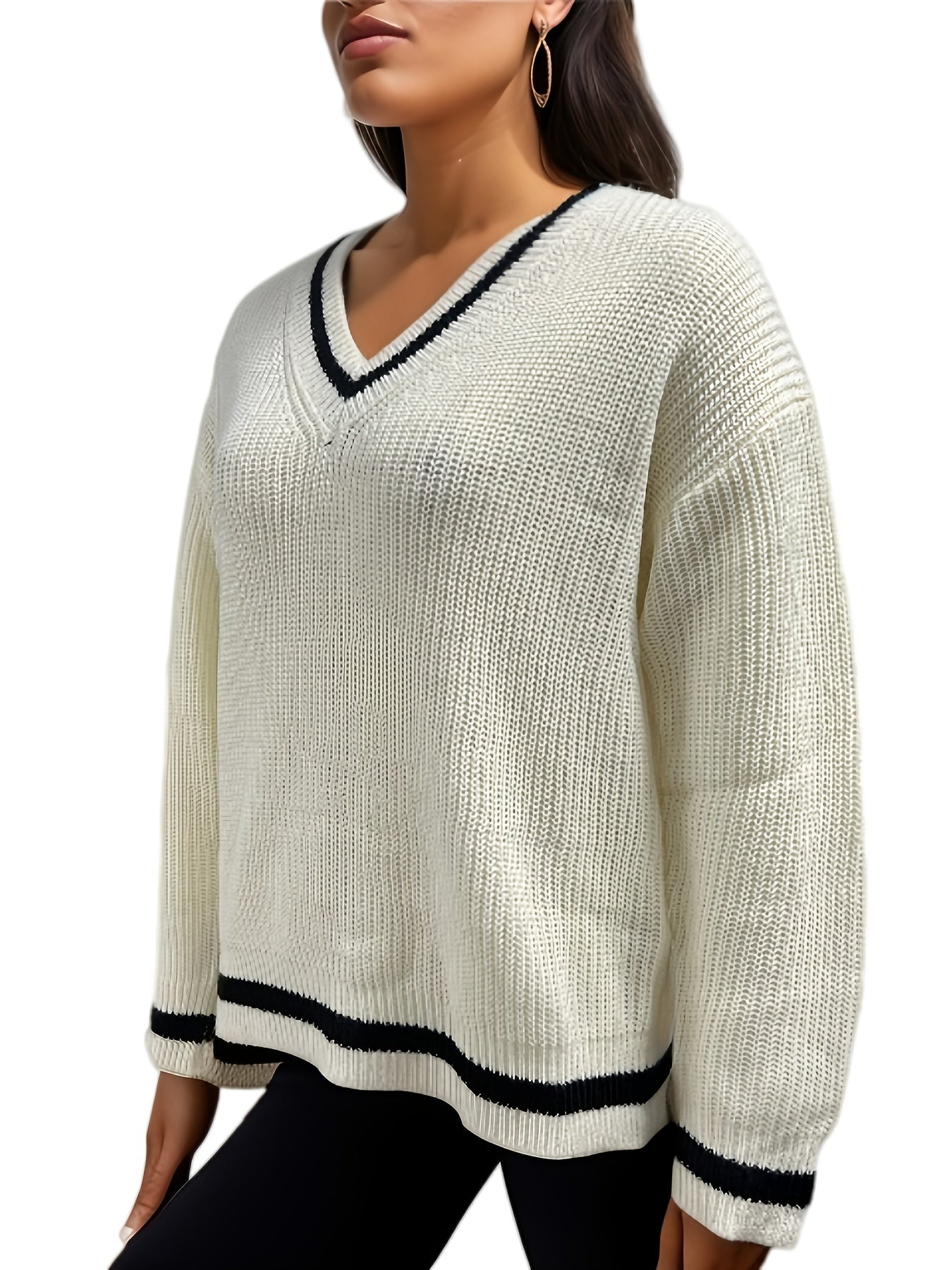 Striped Trim Knit Sweater V Neck Long Sleeve