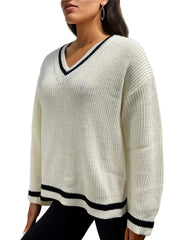 Striped Trim Knit Sweater V Neck Long Sleeve