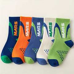 5 Pairs Boy's Letter Crew Socks Cotton Blend Comfy Casual Style