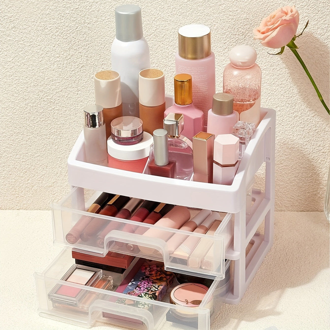 Makeup Organizer Vanity with 2 Drawers Skincare Lipsticks Jewelry Nail Care