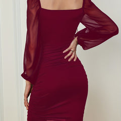 Ruched Bodycon Mini Dress Square Neck Long Sleeve