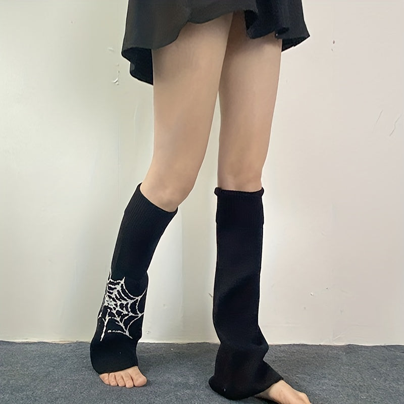 Spider Web Print Leg Warmers Dark Gothic Knee High Socks Women's Stockings