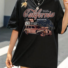 Letter Car Graphic Tee Crew Neck Casual Sports T Shirt