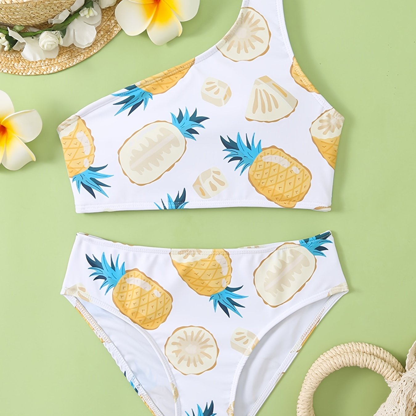 2pcs Pineapple Cold Shoulder Swimsuit Girls
