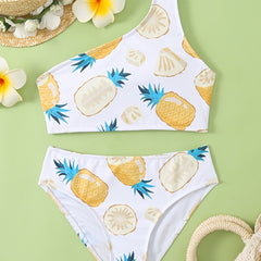2pcs Pineapple Cold Shoulder Swimsuit Girls