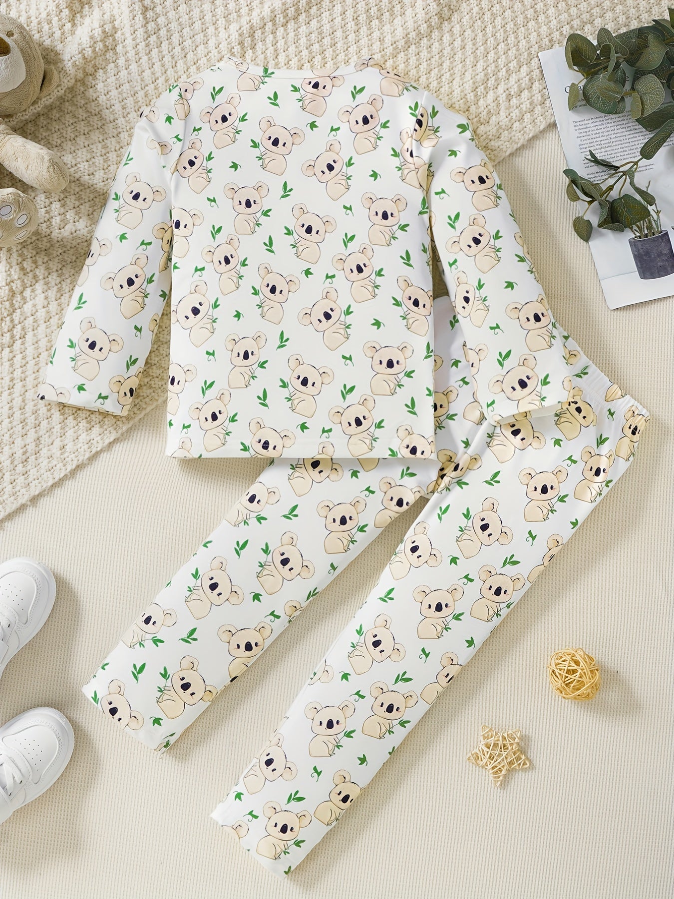 2pcs Toddler Girls Bear Graphic Pajama Set Crew Neck Long Sleeve T Shirt & Pants