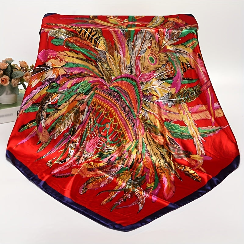 Feather Crown Print Satin Shawl Silk Square Scarf Boho Bandana