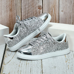 Glitter Faux Leather Flat Skate Shoes Lace Up Sneakers