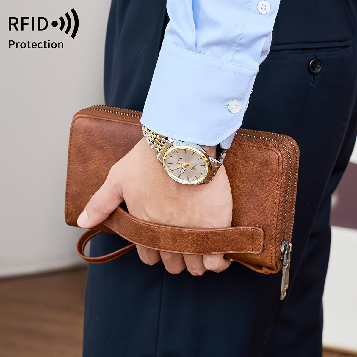 MIYIN RFID Blocking Zipper Wallet Vintage Brown Clutch with Wrist Strap