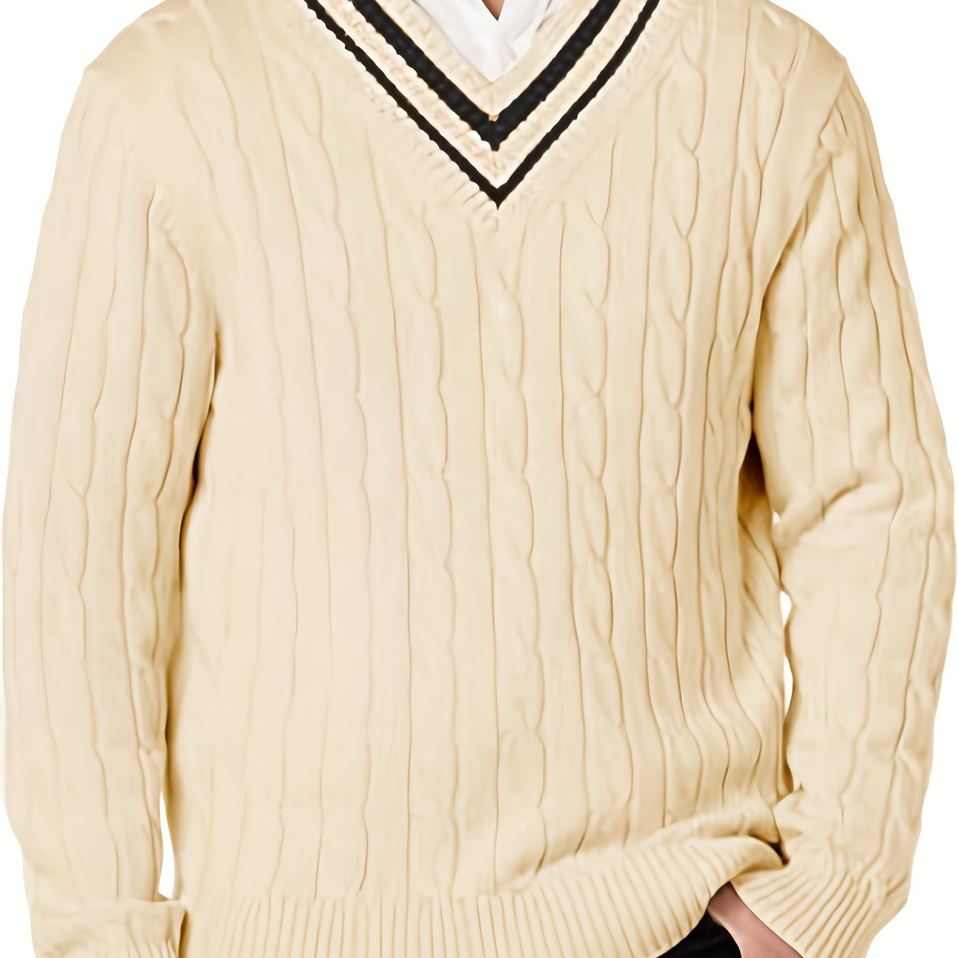 Preppy Knitted Cable Sweater Men's Casual Warm V Neck Retro Pullover