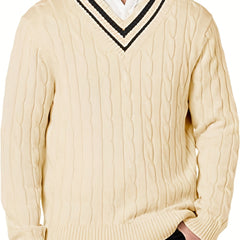 Preppy Knitted Cable Sweater Men's Casual Warm V Neck Retro Pullover