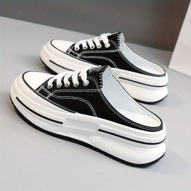 Women's Platform Canvas Shoes Mule Sneakers Lace Up Comfortable Walking