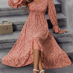Floral Print Dress V Neck Long Sleeve