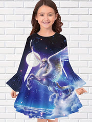 Cartoon Kitty & Rainbow Long Sleeve Dress for Girls