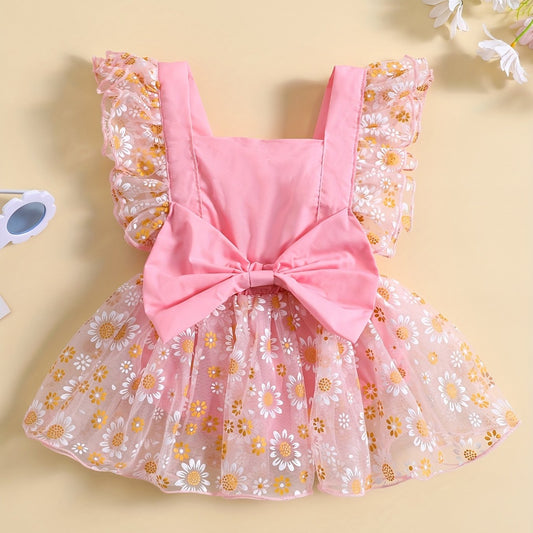 Summer Flower Princess Dress with Mesh Sleeves & Daisy Flower Decor