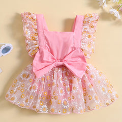 Summer Flower Princess Dress with Mesh Sleeves & Daisy Flower Decor