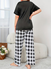 Letter Print Pajamas Set Short Sleeve Top & Plaid Pants