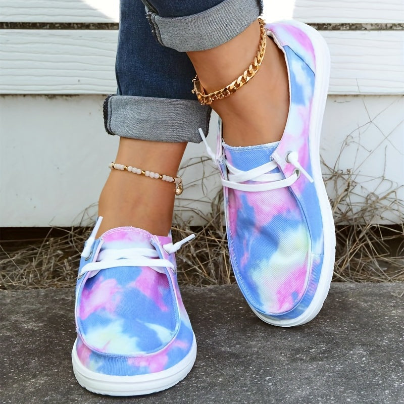 Women's Tie Dye Flat Loafers Lace Up Canvas Shoes
