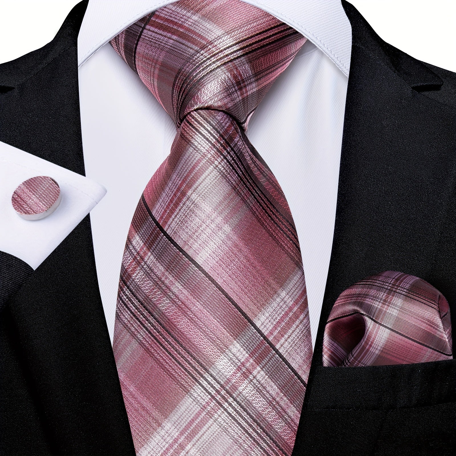 DiBanGu Classic Plaid Tie Set For Men Pink Red Ties