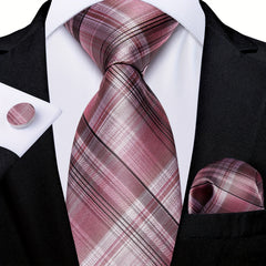 DiBanGu Classic Plaid Tie Set For Men Pink Red Ties