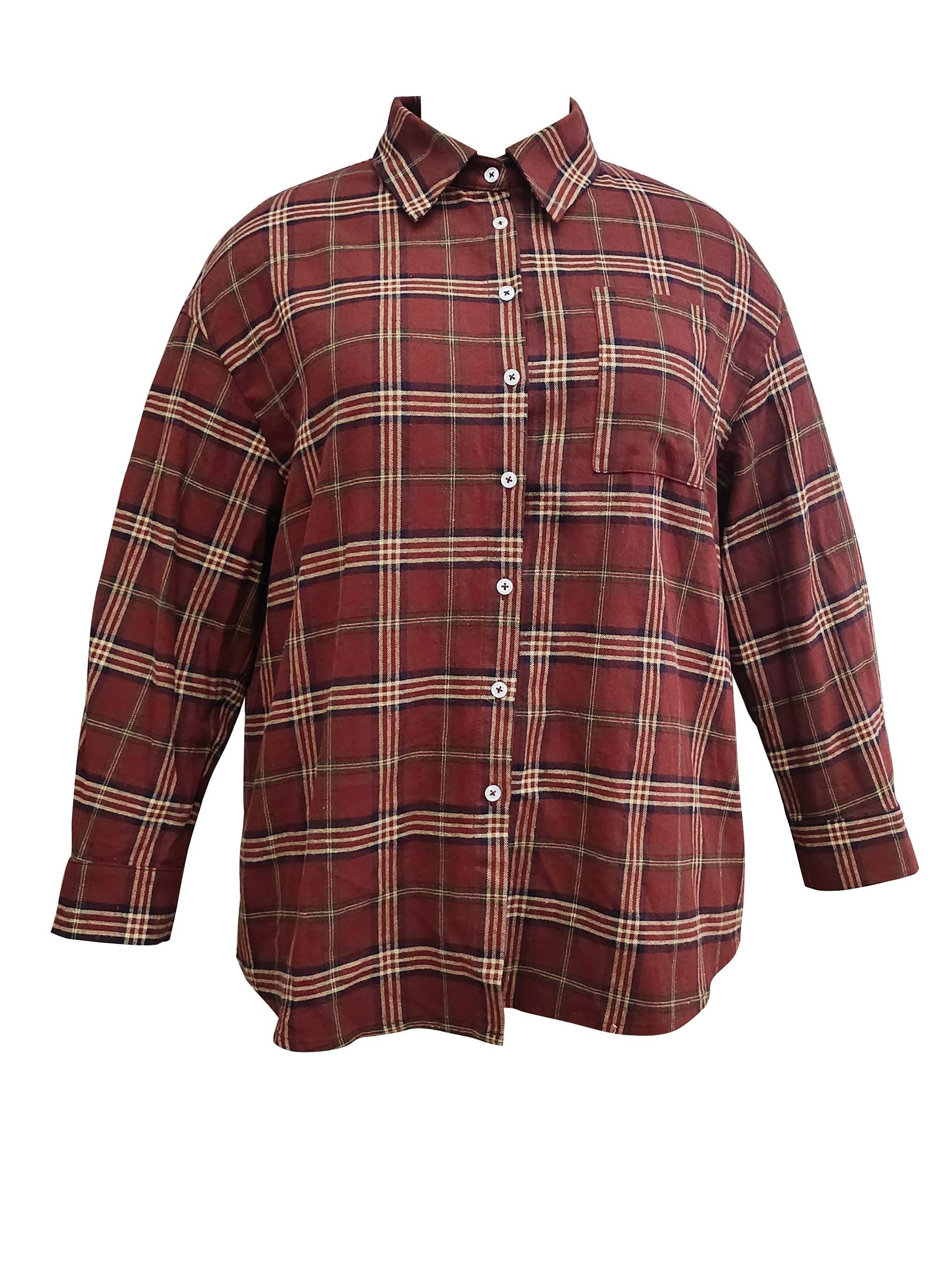 Plaid Print Long Sleeve Button Up Tunic Shirt Top