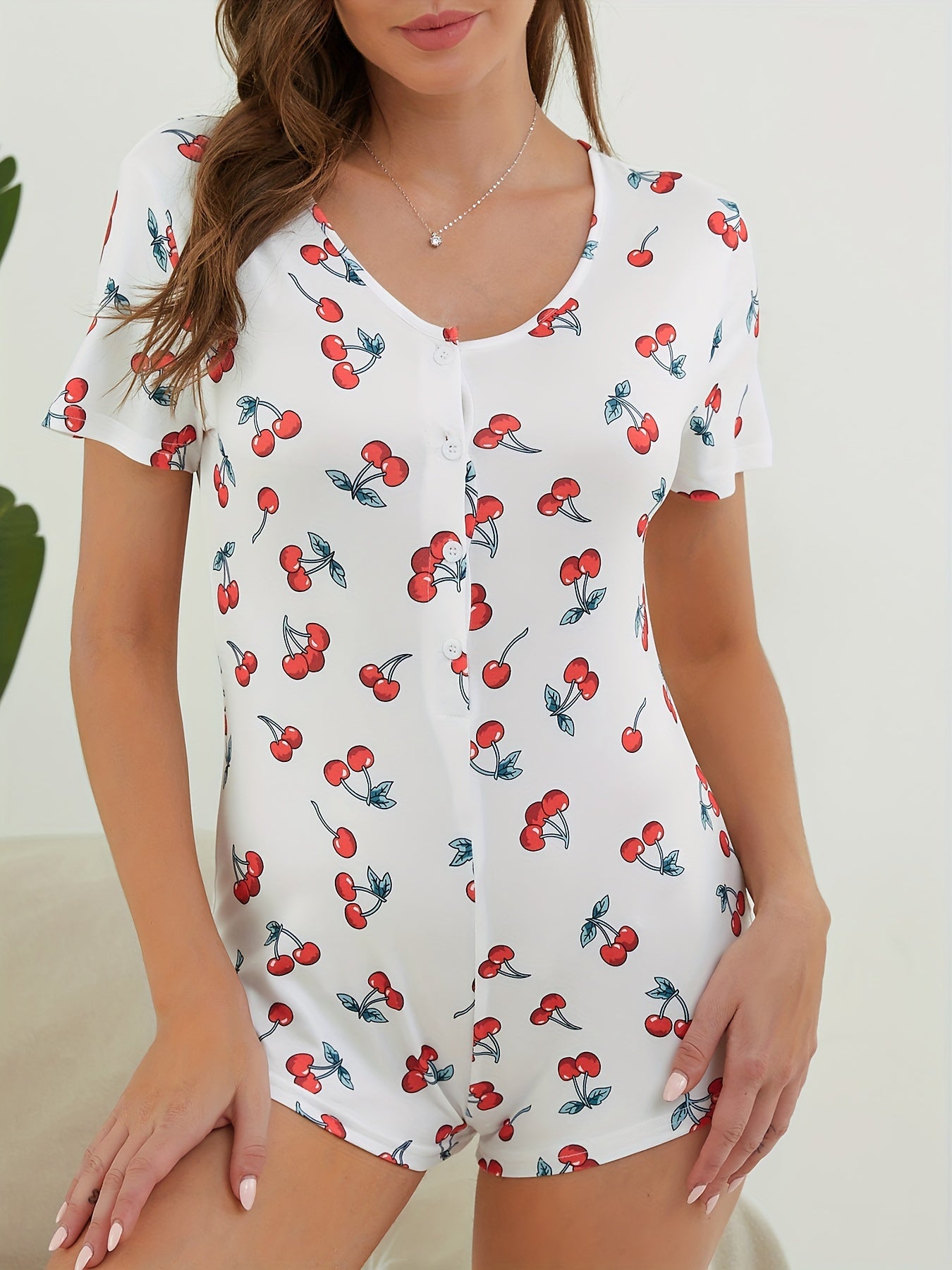 Cherry Print V Neck Jumpsuit Sleepwear